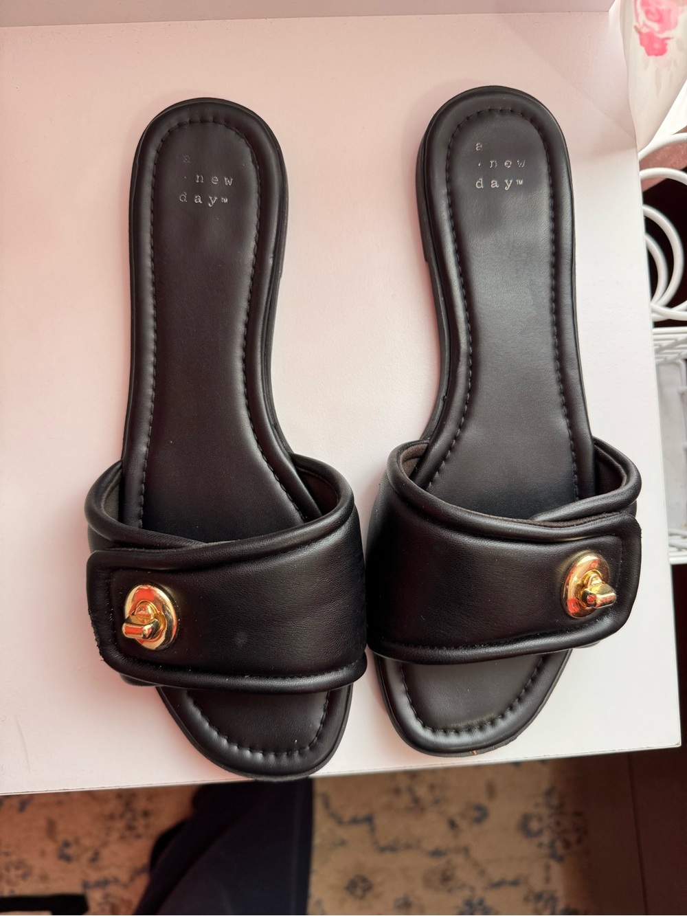 a new day Black Slide Sandals with Gold Accent Hardware - Picture 3 of 7
